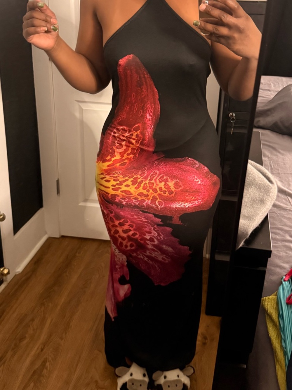 Halter Black Maxi Dress with Red Floral Print